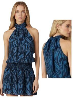 Ramy Brook Silk Halter Mini Dress Zebra Print Blue Size L